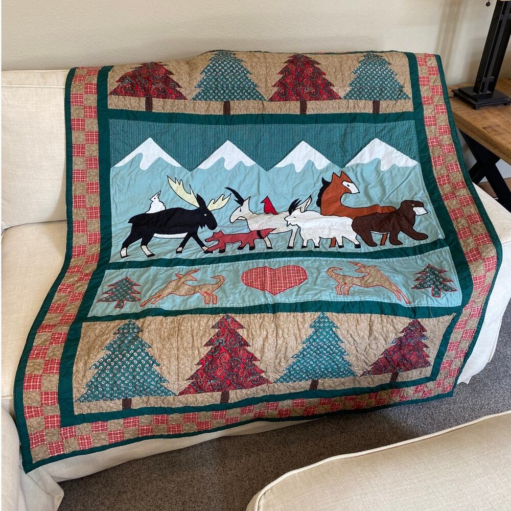 Handmade Pieced Quilted Mountain Animal Christmas Cabincore Throw Hanging Art